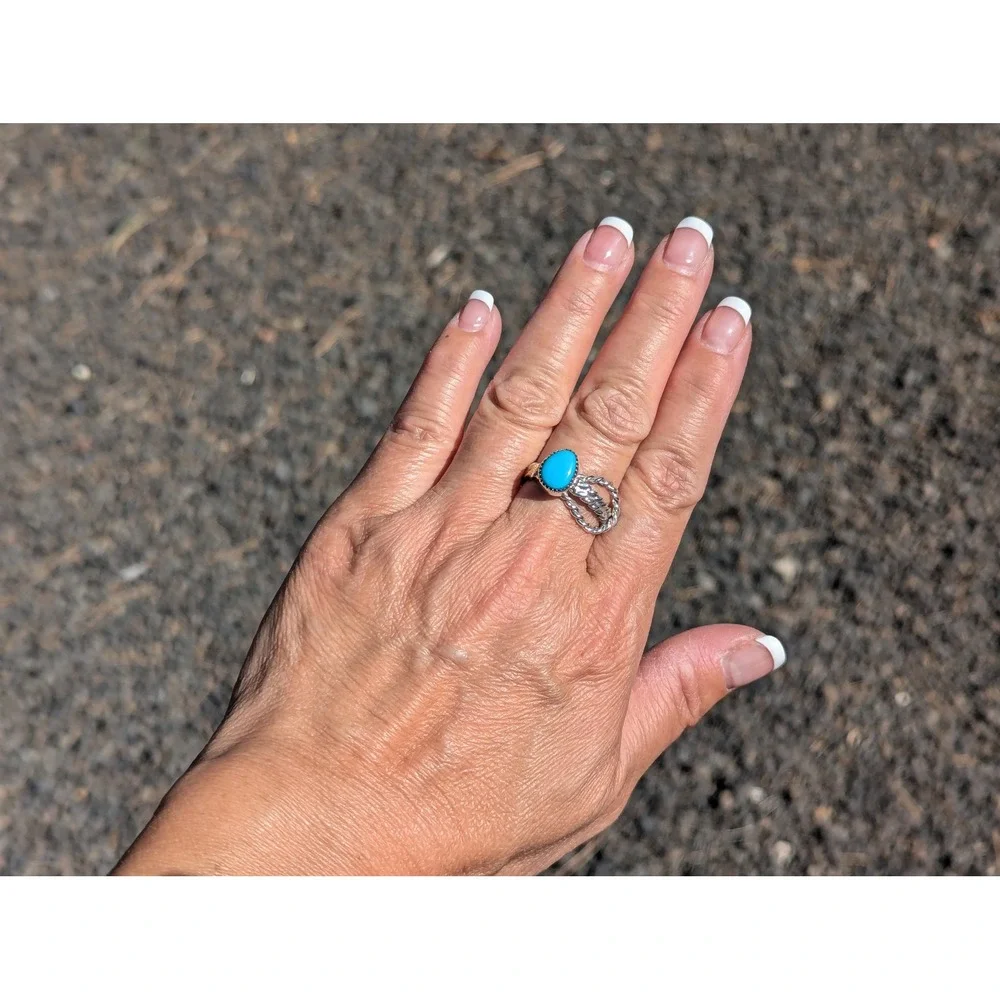 Navajo Turquoise‎ Rope Lasso Sterling Silver Ring Native Am Jewelry Sz 8US**